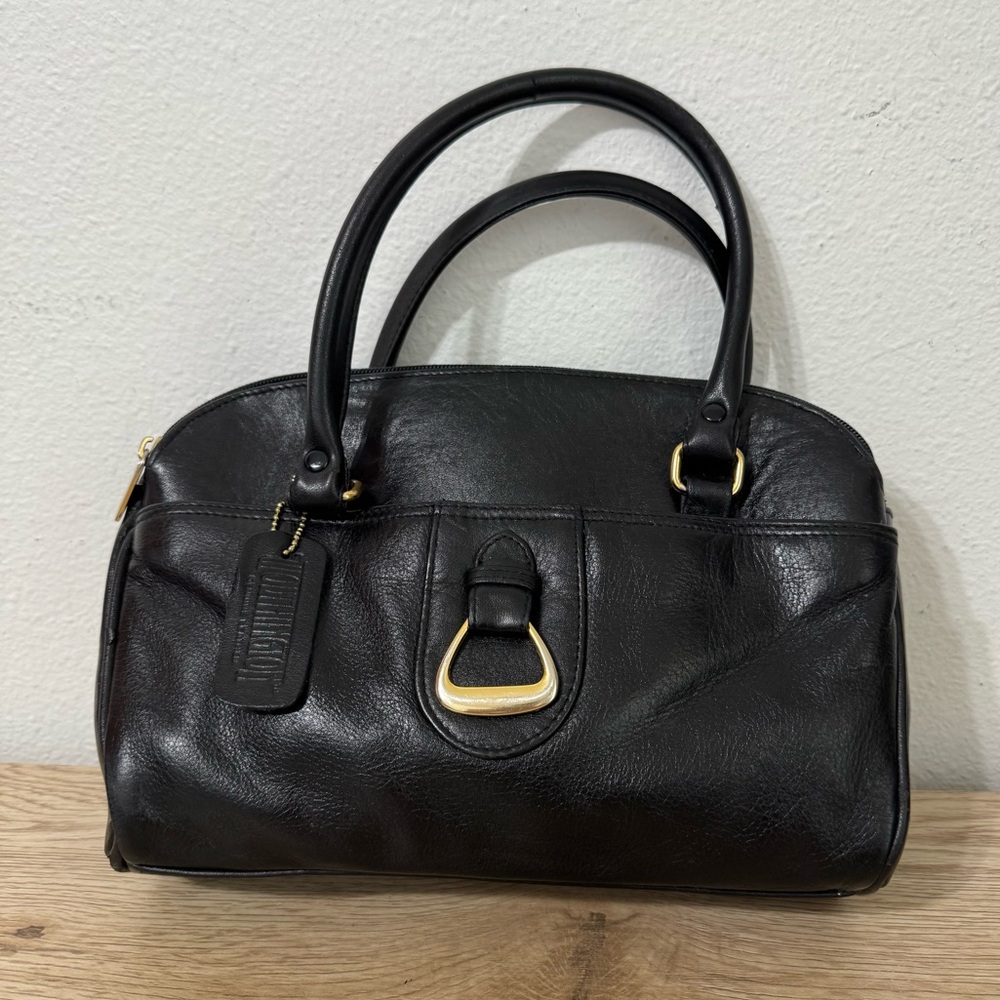 Worthington Black Leather Handbag Double‎ Handle Vintage 90s Y2K Gold Accents